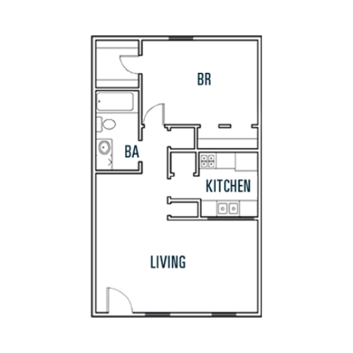 The 1 bed, 1 bath floorplan available at The Metropolis Apartments