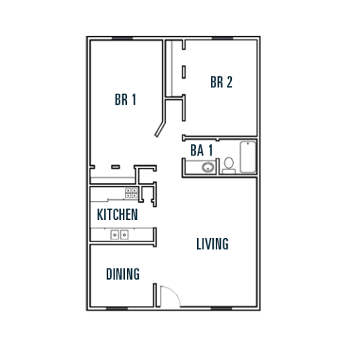 The 2 bed, 1 bath floorplan available at The Metropolis Apartments