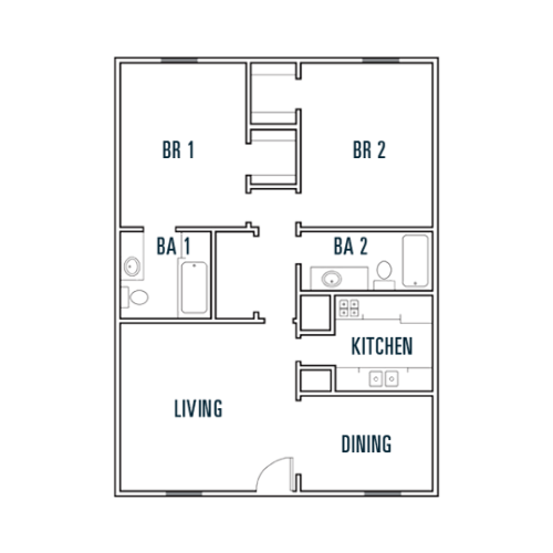 The 2 bed, 2 bath floorplan available at The Metropolis Apartments