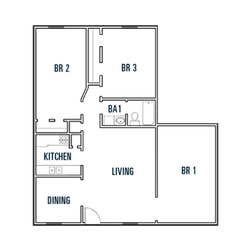 The 3 bed, 1 bath floorplan available at The Metropolis Apartments