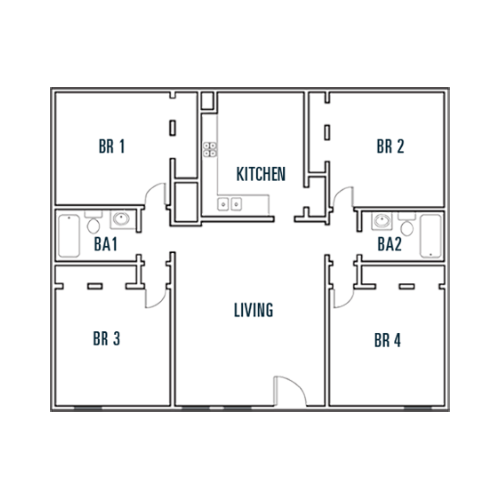 The 4 bed, 2 bath floorplan available at The Metropolis Apartments